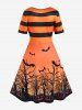 Halloween Striped Bat Tree Pumpkin Print Fit and Flare Dress -  