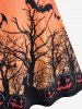 Halloween Striped Bat Tree Pumpkin Print Fit and Flare Dress -  