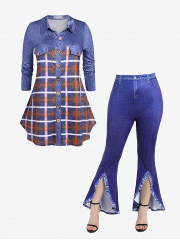 Plus Size Plaid Tunic Shirt and 3D Denim Boot Cut Pants Outfit - BLUE