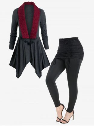 Cable Knit Insert Horn Button Cardigan and Cinched Lace Overlay Skinny Skeggings Plus Size Outerwear Outfit
