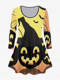 Halloween Pumpkin Bat Printed Colorblock Long Sleeves Tee - YELLOW - 5X | US 30-32