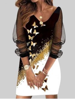Plus Size Sheer Mesh Sleeve Glitter Butterfly Print Mini Dress - BLACK - S