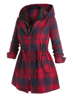 Manteau à Capuche Zippé à Carreaux avec Poche Grande Taille à Cordon - DEEP RED - 4X | US 26-28