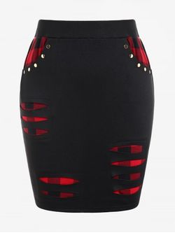 Plus Size Ripped Checked Panel Rivets Decor Skirt - BLACK - L | US 12