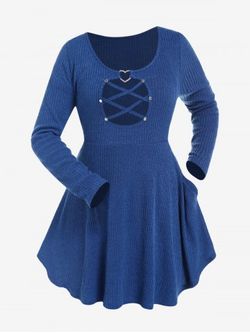 Plus Size Slant Pockets Crisscross Cutout Rhinestone Heart-ring Knit Peplum Top - DEEP BLUE - 1X | US 14-16