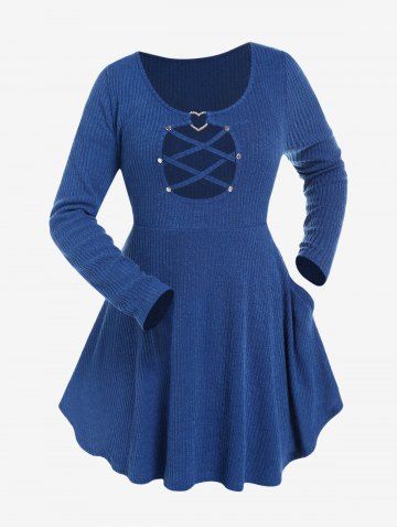 Plus Size Slant Pockets Crisscross Cutout Rhinestone Heart-ring Knit Peplum Top - DEEP BLUE - M | US 10