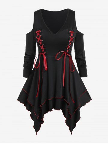 Gothic Lace Up Cold Shoulder Double Layered Handkerchief Tee