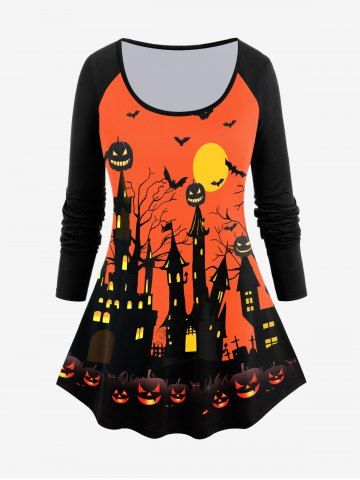 T-shirt D'Halloween à Imprimé Chauve-souris Citrouille à Manches Raglan - BLACK - 3X | US 22-24