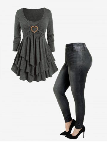 Heart-ring Layered Long Sleeves T Shirt and 3D Jeans Printed Leggings Plus Size Outfit