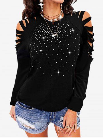 Plus Size Raglan Sleeve Glitter Starlight Print Ladder Cutout Tee - BLACK - M