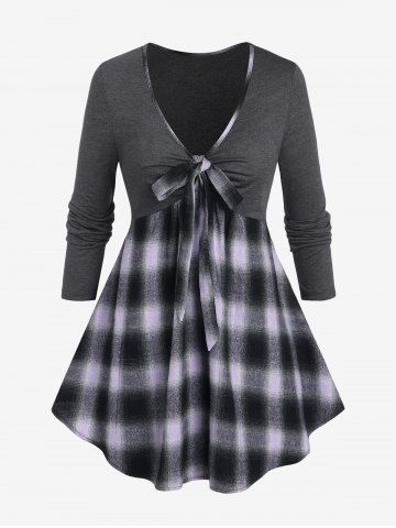 Plus Size Bowknot Plaid Low Cut T-shirt