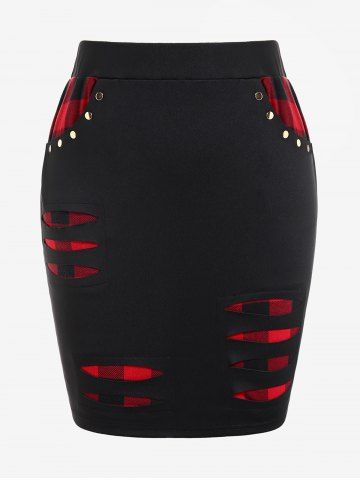 Plus Size Ripped Checked Panel Rivets Decor Skirt