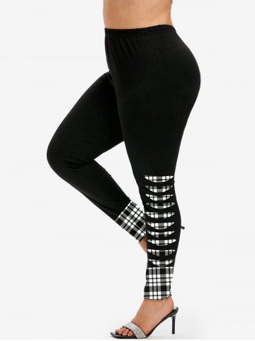 Plus Size High Waist 3D Ripped Print Plaid Skinny Leggings - BLACK - L | US 12
