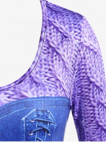 Plus Size Long Sleeve 3D Lace Up Denim Print T-shirt