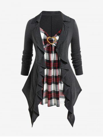 Plus Size Plaid Faux Twinset Ruffled Asymmetric Tee