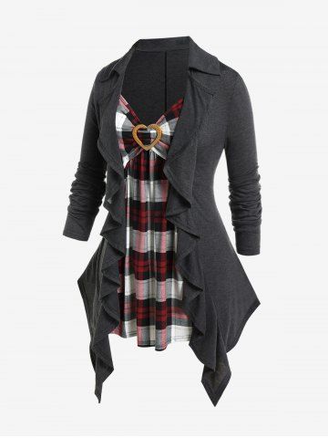 Plus Size Plaid Faux Twinset Ruffled Asymmetric Tee