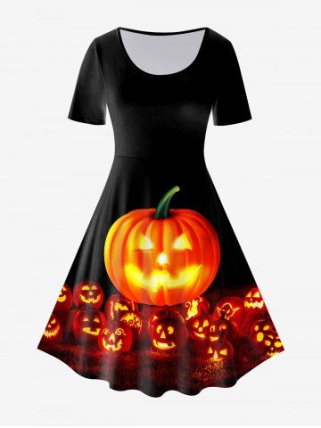 Halloween Pumpkins Printed Vintage Short Sleeves A Line Dress - BLACK - 2X | US 18-20