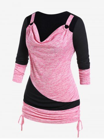 Plus Size Two Tone Cowl Neck Rings Ruched Detail Top
