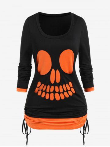 T-shirt D'Halloween Découpé Plissée en Blocs de Couleurs à Imprimé Crâne à Volants