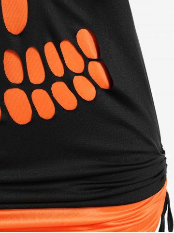 Halloween Cutout Skull Pattern Cinched Ruched Colorblock Twofer Tee