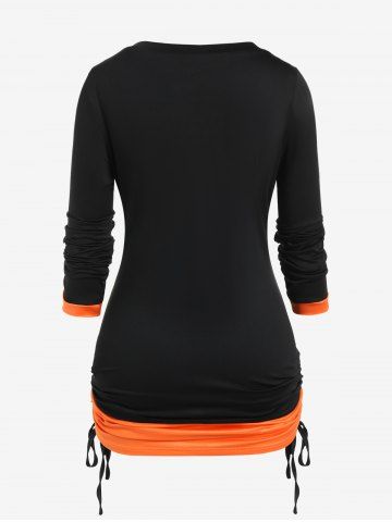 Halloween Cutout Skull Pattern Cinched Ruched Colorblock Twofer Tee