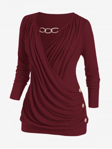 Plus Size Keyhole Chains Draped Surplice T-shirt - DEEP RED - M | US 10