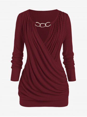 Plus Size Keyhole Chains Draped Surplice T-shirt
