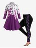 Half Button Floral Blouse and Plaid 3D Zipper Print Leggings Plus Size Outfit -  