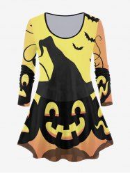 Halloween Pumpkin Bat Printed Colorblock Long Sleeves Tee -  