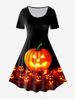 Robe D'Halloween Vintage Ligne A à Imprimé Citrouille à Manches Courtes - Noir 