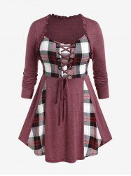 Plus Size Plaid Lace Up T-shirt -  