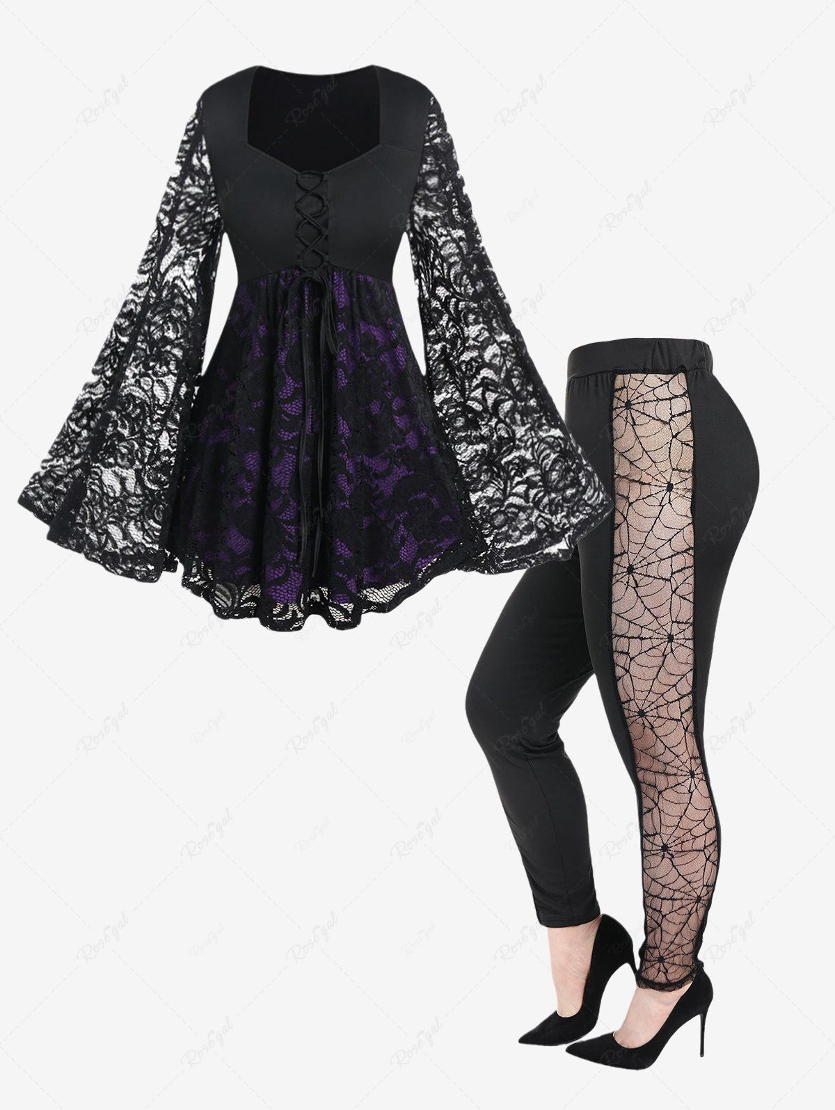 Best Lace Flare Sleeves Lace-up Colorblock Tee and Gothic Spider Web Panel Pants Outfit  