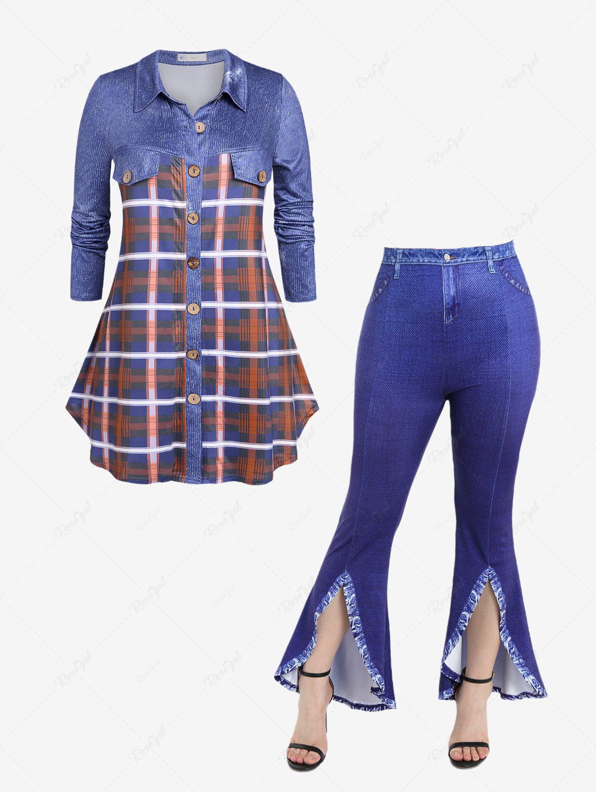 Outfit Plus Size Plaid Tunic Shirt and 3D Denim Boot Cut Pants Outfit  