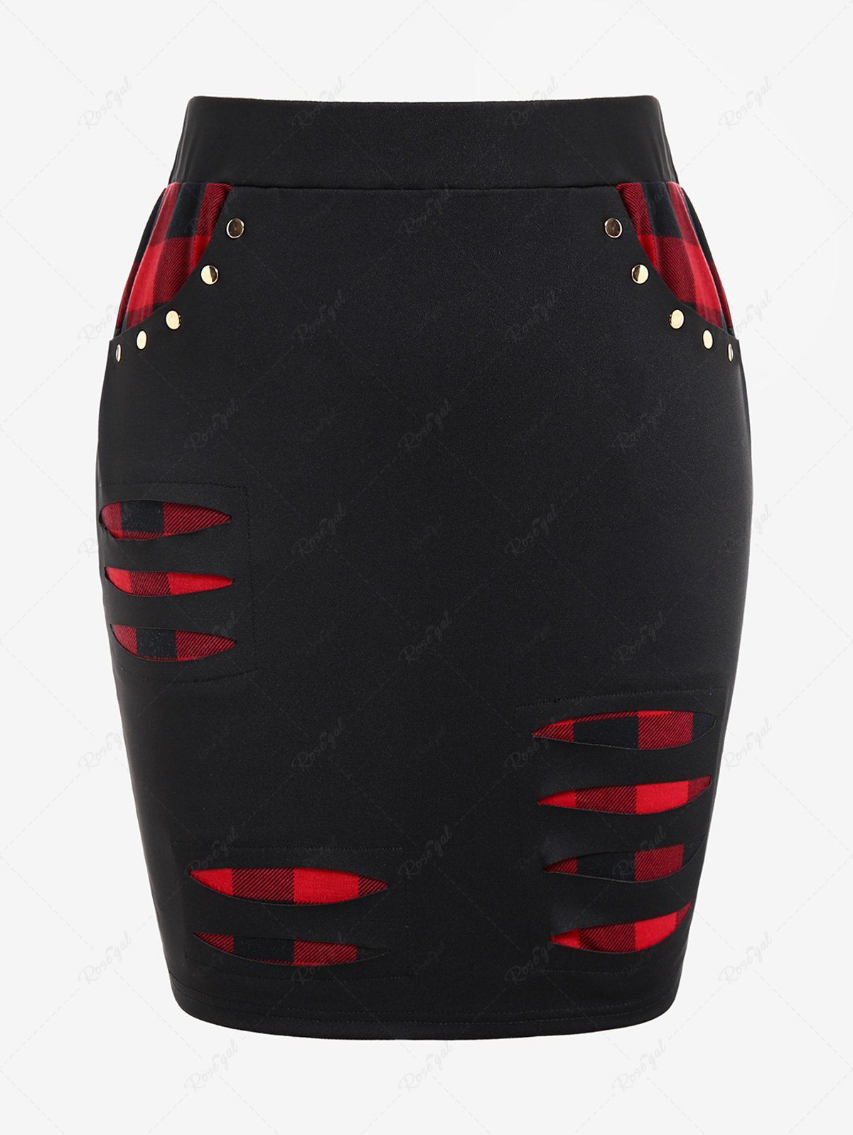 Hot Plus Size Ripped Checked Panel Rivets Decor Skirt  