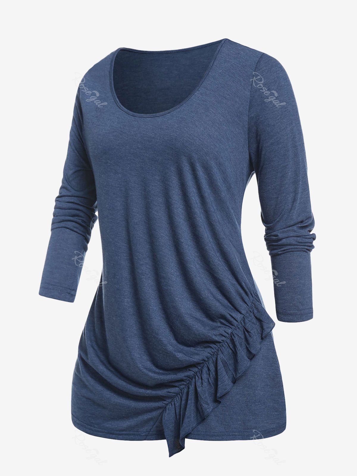T-shirt Asymétrique en Couleur Unie de Grande Taille à Volants Bleu profond 4X
