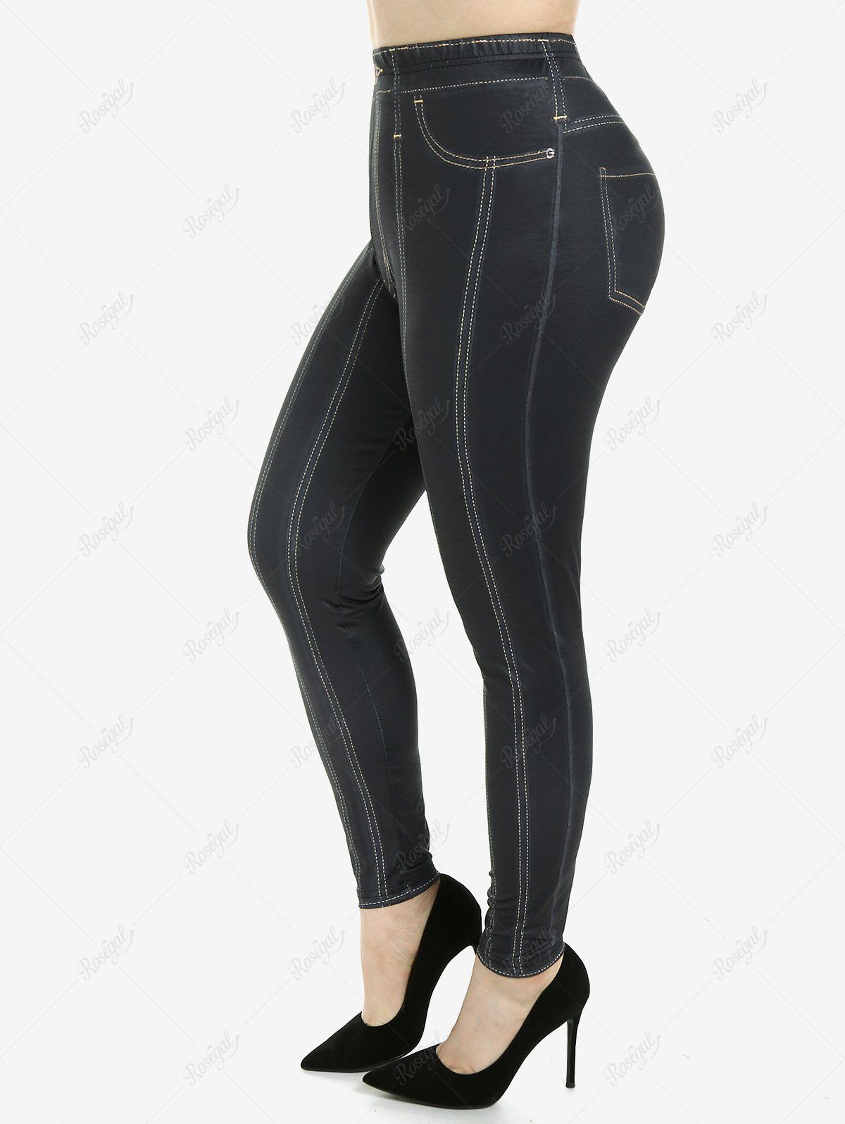 Affordable Plus Size 3D Jeans Topstitching Printed Skinny Jeggings  