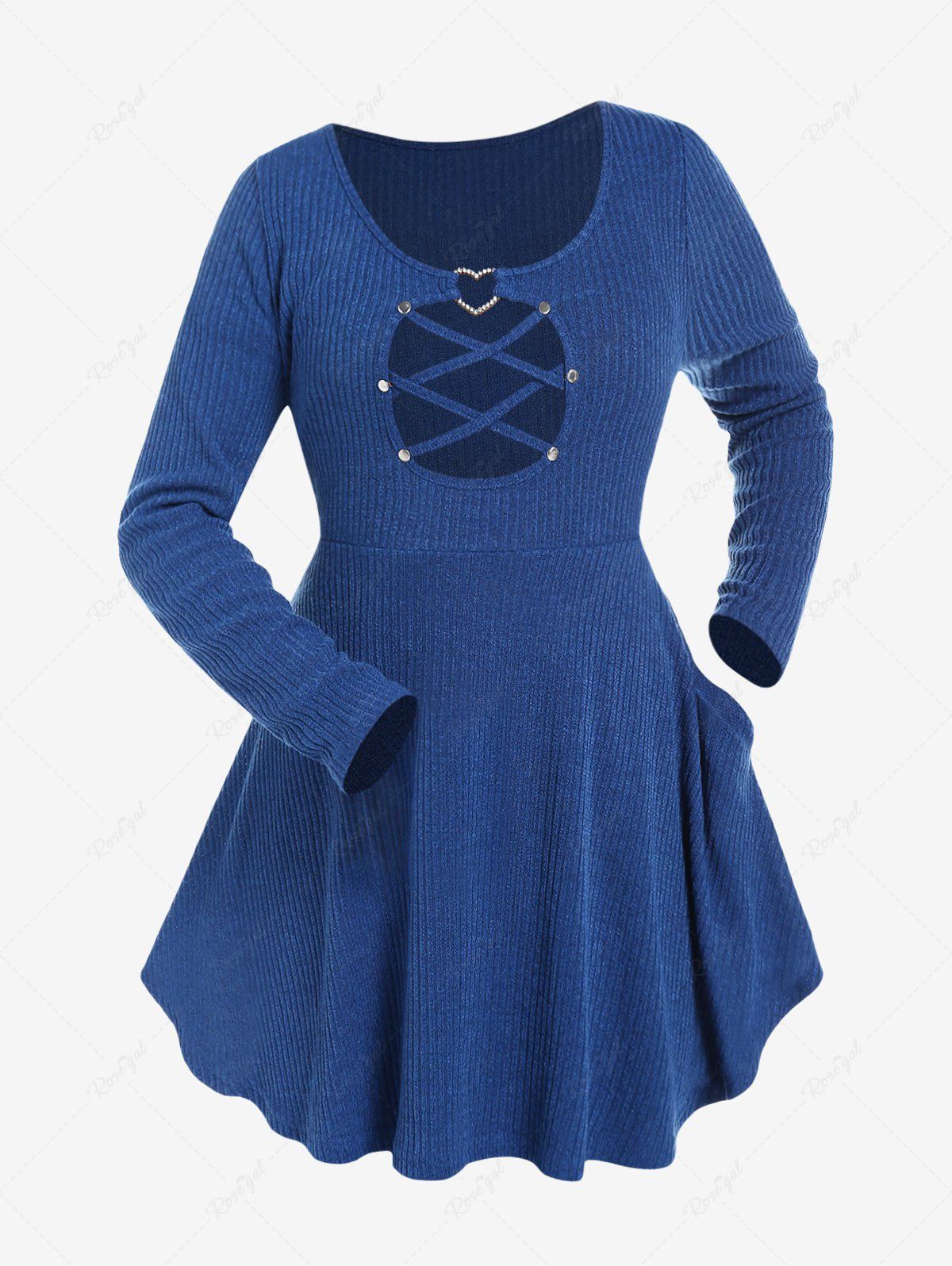 Outfit Plus Size Slant Pockets Crisscross Cutout Rhinestone Heart-ring Knit Peplum Top  