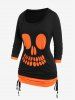 Halloween Cutout Skull Pattern Cinched Ruched Colorblock Twofer Tee -  