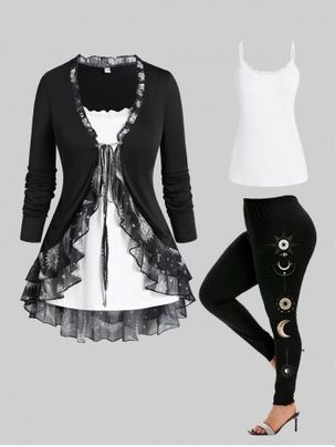 Sun Moon Print Ruffled Tee and Camisole Set and High Waist Leggings Plus Size Fall Outfit