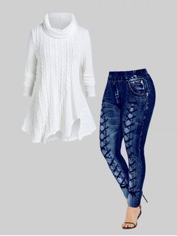 Cowl Neck Asymmetric Cable Knit Sweater and High Waisted 3D Leggings Plus Size Outfit - WHITE