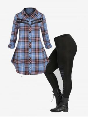 Plus Size Button Up Plaid Shirt and Galaxy Ripped Skinny Leggings Outfit