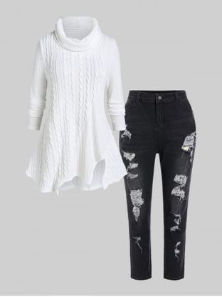 Plus Size Cowl Neck Cable Knit Asymmetric Sweater and Ripped Skinny Jeans Outfit