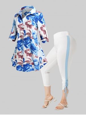 Plus Size Roll Up Sleeve Floral Print Shirt and Cinched Capri Leggings Outfit