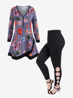 Half Zip Floral Print Blouse and Cutout Skinny Leggings Plus Size Outfit