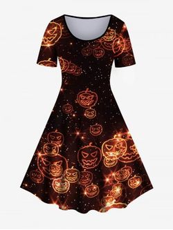 Halloween Pumpkin Face Print A Line Dress - BLACK - 1X | US 14-16