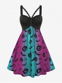 Plus Size High Waist Pumpkin Spider Print Halloween Dress - PURPLE - 1X