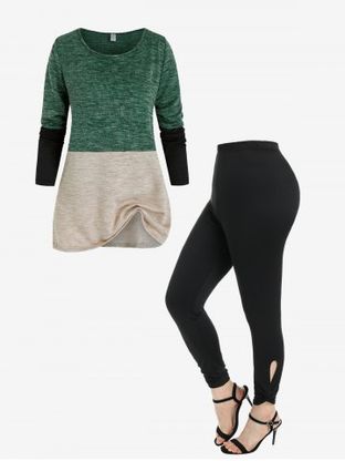 Contrast Color-blocking Long Sleeve Sweater and High Rise Cutout Twist Leggings Plus Size Outerwear Outfit