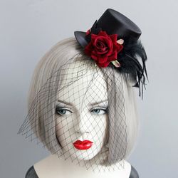 Gothic Vintage Rose Feather Mesh Hair Clip - MULTI