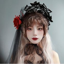 Gothic Lolita Flower Rose Decoration Hair Accessory - BLACK