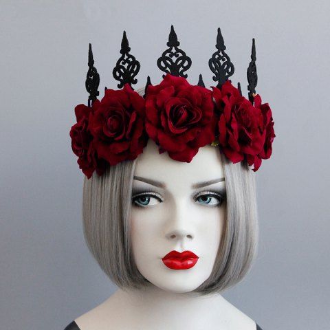 Gothic Vintage Crown Masquerade Queen Cosplay Rose Flower Hair Accessories - RED